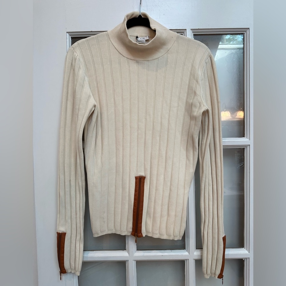 Vintage Cache Silk & Leather Cream Ribbed Turtleneck Sweater Size Large L